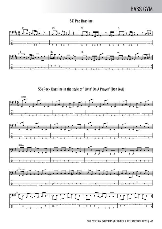 Sample page from Bass Gym - 101 Position Exercises for Beginner and Intermediate Players